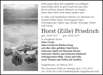 Traueranzeige von Horst Friedrich von Super Sonntag SGH Mansf. Land