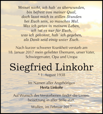 Traueranzeige von Siegfried Linkohr von WVG - Wochenspiegel Dessau / Köthen