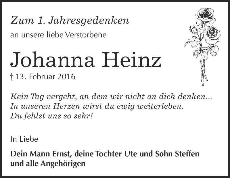  Traueranzeige für Johanna Heinz vom 11.02.2017 aus Super Sonntag Wittenberg