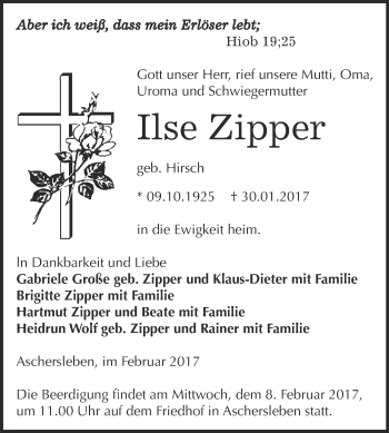 Traueranzeige von Ilse Zipper von Super Sonntag SGH Mansf. Land