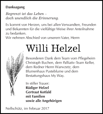 Traueranzeige von Willi Helzel von WVG - Wochenspiegel NMB / WSF / ZTZ