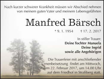 Traueranzeige von Manfred Bärsch von Mitteldeutsche Zeitung Quedlinburg