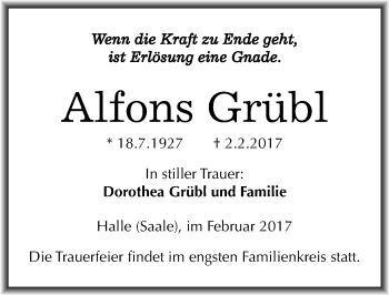 Traueranzeige von Alfons Grübl von Mitteldeutsche Zeitung Halle/Saalkreis