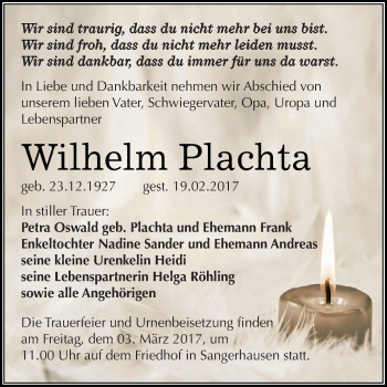 Traueranzeige von Wilhelm Plachta von Super Sonntag SGH Mansf. Land