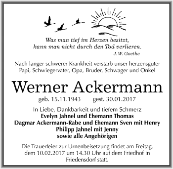 Traueranzeige von Werner Ackermann von Mitteldeutsche Zeitung Merseburg/Querfurt