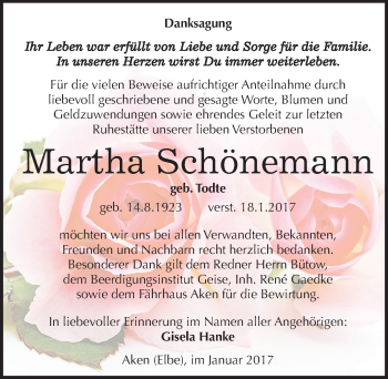 Traueranzeige von Martha Schönemann von Mitteldeutsche Zeitung Köthen