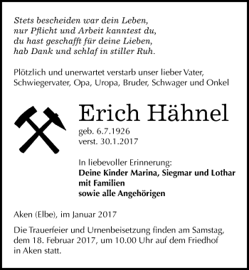 Traueranzeige von Erich Hähnel von Mitteldeutsche Zeitung Köthen