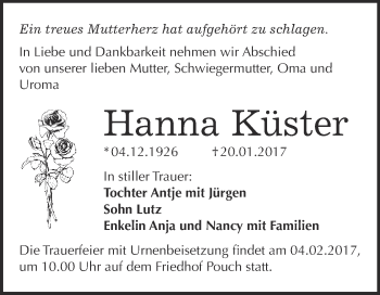 Traueranzeige von Hanna Küster von WVG - Wochenspiegel Bitterfeld