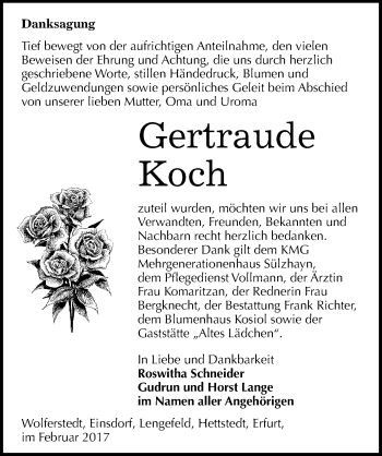 Traueranzeige von Gertraude Koch von Mitteldeutsche Zeitung Sangerhausen