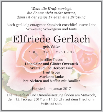 Traueranzeige von Elfriede Gerlach von Mitteldeutsche Zeitung Mansfelder Land