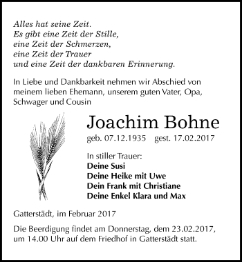 Traueranzeige von Joachim Bohne von Mitteldeutsche Zeitung Merseburg/Querfurt