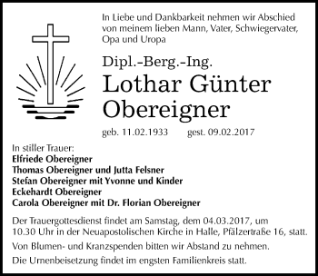 Traueranzeige von Lothar Günter Obereigner von Mitteldeutsche Zeitung Halle/Saalkreis