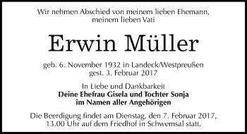 Traueranzeige von Erwin Müller von Mitteldeutsche Zeitung Bitterfeld