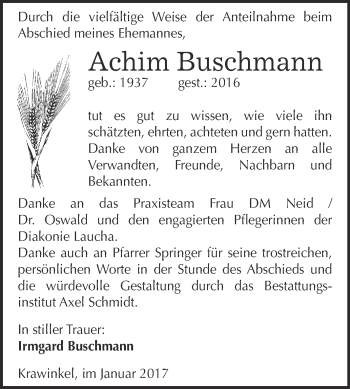 Traueranzeige von Achim Buschmann von WVG - Wochenspiegel NMB / WSF / ZTZ