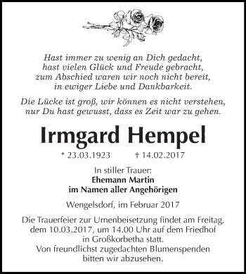 Traueranzeige von Irmgard Hempel von WVG - Wochenspiegel NMB / WSF / ZTZ