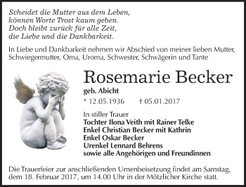 Traueranzeige von Rosemarie Becker von Mitteldeutsche Zeitung Halle/Saalkreis