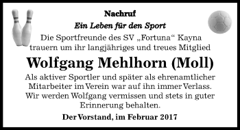 Traueranzeige von Wolfgang Mehlhorn von Mitteldeutsche Zeitung Zeitz