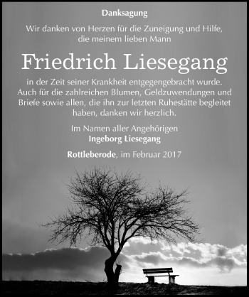Traueranzeige von Friedrich Liesegang von Mitteldeutsche Zeitung Sangerhausen