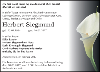 Traueranzeige von Herbert Siegmund von Mitteldeutsche Zeitung Aschersleben
