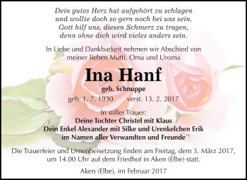 Traueranzeige von Ina Hanf von WVG - Wochenspiegel Dessau / Köthen