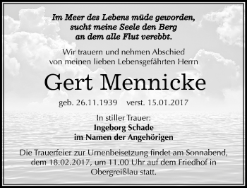 Traueranzeige von Gert Mennicke von Mitteldeutsche Zeitung Weißenfels