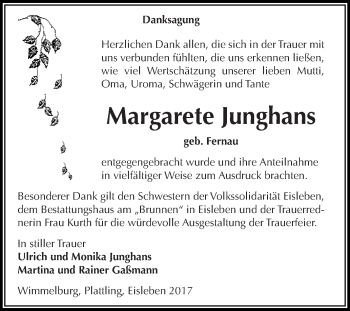 Traueranzeige von Margarete Junghans von Super Sonntag SGH Mansf. Land
