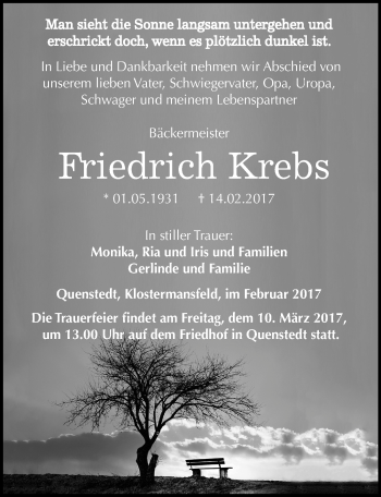 Traueranzeige von Friedrich Krebs von Mitteldeutsche Zeitung Mansfelder Land