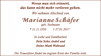 Traueranzeige von Marianne Schäfer von WVG - Wochenspiegel Dessau / Köthen