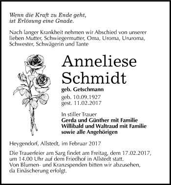 Traueranzeige von Anneliese Schmidt von Mitteldeutsche Zeitung Sangerhausen