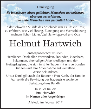 Traueranzeige von Helmut Hartwich von Mitteldeutsche Zeitung Sangerhausen