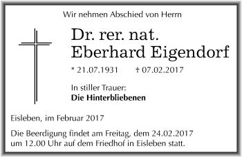 Traueranzeige von Eberhard Eigendorf von Mitteldeutsche Zeitung Mansfelder Land