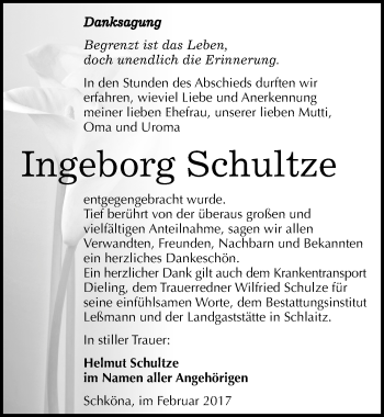 Traueranzeige von Ingeborg Schultze von Mitteldeutsche Zeitung Wittenberg