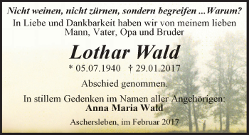Traueranzeige von Lothar Wald von Mitteldeutsche Zeitung Aschersleben