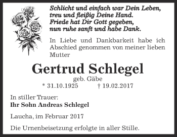 Traueranzeige von Gertrud Schlegel von WVG - Wochenspiegel NMB / WSF / ZTZ