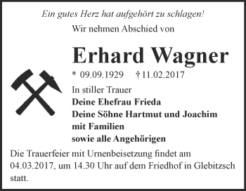 Traueranzeige von Erhard Wagner von WVG - Wochenspiegel Bitterfeld