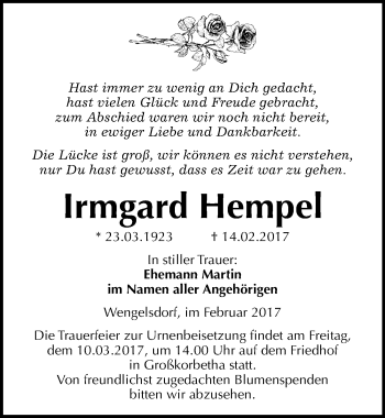 Traueranzeige von Irmgard Hempel von Mitteldeutsche Zeitung Weißenfels