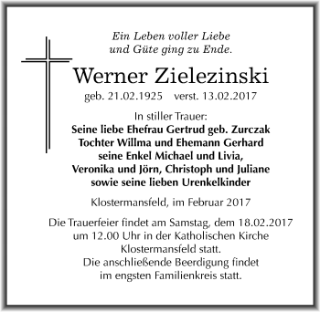Traueranzeige von Werner Zielezinski von Mitteldeutsche Zeitung Mansfelder Land