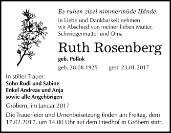 Traueranzeige von Ruth Rosenberg von WVG - Wochenspiegel Bitterfeld