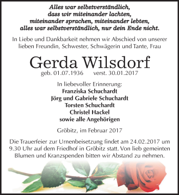 Traueranzeige von Gerda Wilsdorf von Mitteldeutsche Zeitung Weißenfels