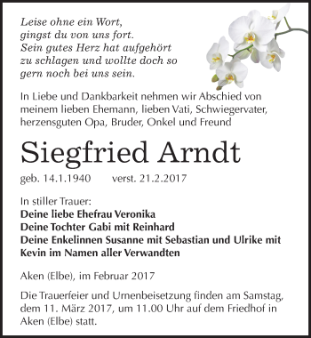 Traueranzeige von Siegfried Arndt von Mitteldeutsche Zeitung Köthen