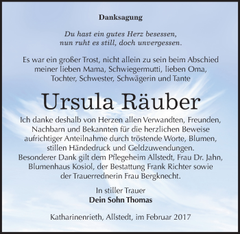Traueranzeige von Ursula Räuber von Mitteldeutsche Zeitung Sangerhausen
