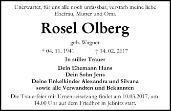 Traueranzeige von Rosel Olberg von Mitteldeutsche Zeitung Bitterfeld