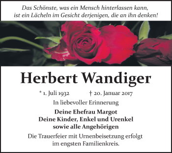 Traueranzeige von Herbert Wandiger von WVG - Wochenspiegel Bitterfeld