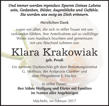 Traueranzeige von Klara Krakowiak von Mitteldeutsche Zeitung Merseburg/Querfurt