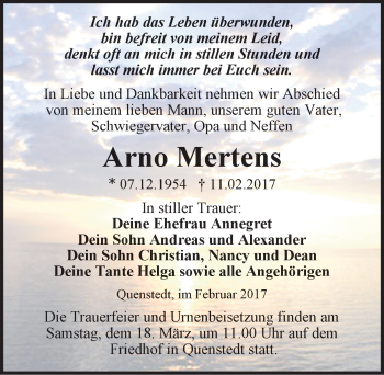 Traueranzeige von Arno Mertens von Mitteldeutsche Zeitung Mansfelder Land