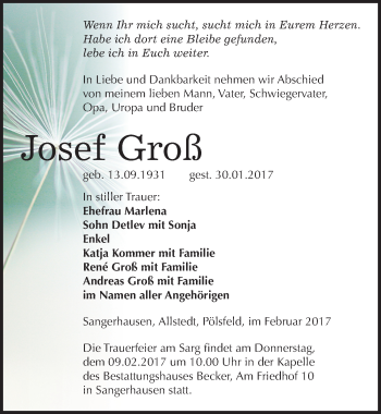 Traueranzeige von Josef Groß von Mitteldeutsche Zeitung Sangerhausen