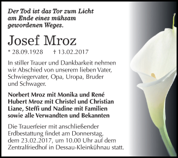 Traueranzeige von Josef Mroz von WVG - Wochenspiegel Dessau / Köthen