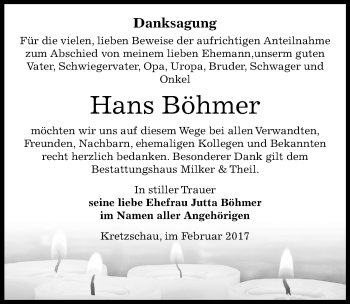 Traueranzeige von Hans Böhmer von Mitteldeutsche Zeitung Zeitz
