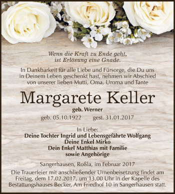 Traueranzeige von Margarete Keller von Super Sonntag SGH Mansf. Land