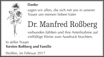 Traueranzeige von Manfred Roßberg von WVG - Wochenspiegel Bitterfeld